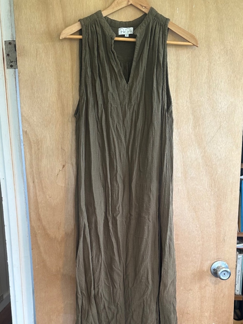 Pon Pon Sleeveless linen cotton shift dress in olive size S